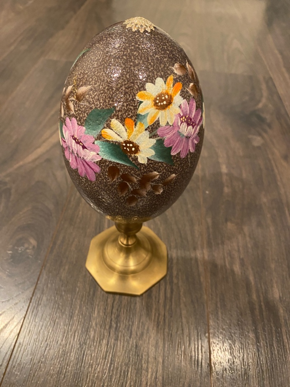 Hand-Painted Floral Decorative Egg in Brown and Gold